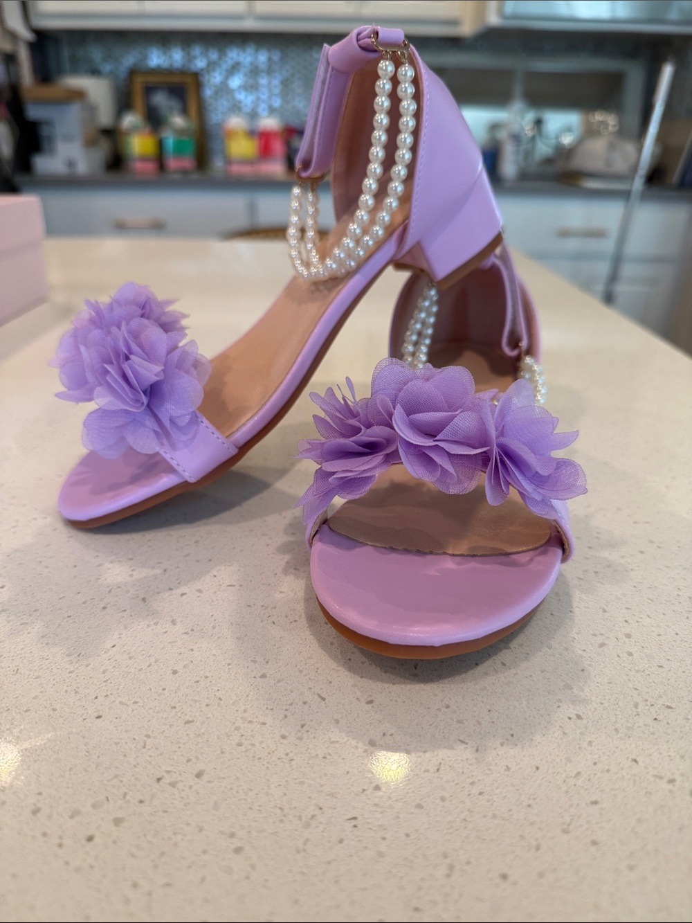 Azazie Girls Lilac Floral Pearl-Strap Heeled Sandals
